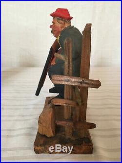 Vintage Swedish Wood Carving Hunter on Fence by Gunnarsson- TRYGG style