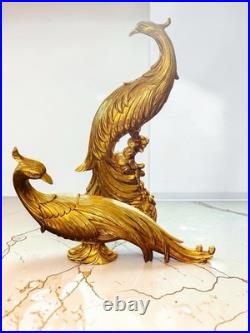 Vintage Syroco Wood Figural Peacock Statues Sculpture Hollywood Regency Pair