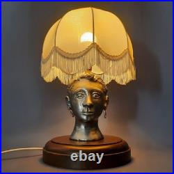 Vintage Table Lamp Sculpture Woman Face Aluminum Base Wood With Shade