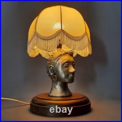 Vintage Table Lamp Sculpture Woman Face Aluminum Base Wood With Shade