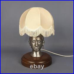 Vintage Table Lamp Sculpture Woman Face Aluminum Base Wood With Shade