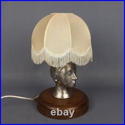 Vintage Table Lamp Sculpture Woman Face Aluminum Base Wood With Shade
