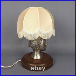 Vintage Table Lamp Sculpture Woman Face Aluminum Base Wood With Shade