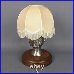 Vintage Table Lamp Sculpture Woman Face Aluminum Base Wood With Shade