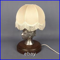 Vintage Table Lamp Sculpture Woman Face Aluminum Base Wood With Shade
