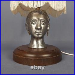 Vintage Table Lamp Sculpture Woman Face Aluminum Base Wood With Shade