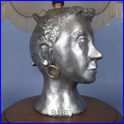 Vintage Table Lamp Sculpture Woman Face Aluminum Base Wood With Shade
