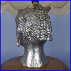 Vintage Table Lamp Sculpture Woman Face Aluminum Base Wood With Shade