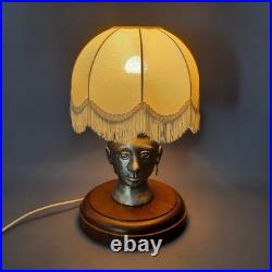 Vintage Table Lamp Sculpture Woman Face Aluminum Base Wood With Shade