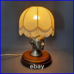 Vintage Table Lamp Sculpture Woman Face Aluminum Base Wood With Shade