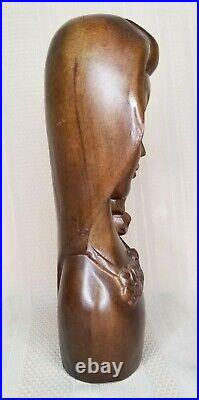 Vintage Tahitian Girl Wood Sculpture Bust, Hawaiian Statue Art