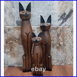 Vintage Tall Hand Carved Teak Wood Siamese Cat Sculpture Set of 3