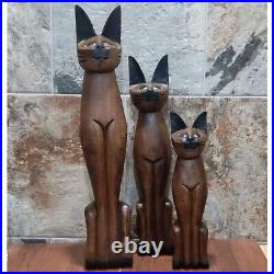 Vintage Tall Hand Carved Teak Wood Siamese Cat Sculpture Set of 3