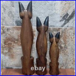 Vintage Tall Hand Carved Teak Wood Siamese Cat Sculpture Set of 3