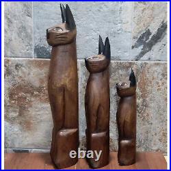 Vintage Tall Hand Carved Teak Wood Siamese Cat Sculpture Set of 3