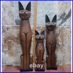 Vintage Tall Hand Carved Teak Wood Siamese Cat Sculpture Set of 3