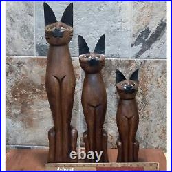 Vintage Tall Hand Carved Teak Wood Siamese Cat Sculpture Set of 3