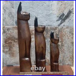 Vintage Tall Hand Carved Teak Wood Siamese Cat Sculpture Set of 3