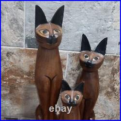 Vintage Tall Hand Carved Teak Wood Siamese Cat Sculpture Set of 3