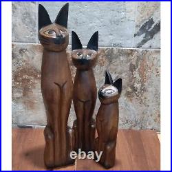 Vintage Tall Hand Carved Teak Wood Siamese Cat Sculpture Set of 3