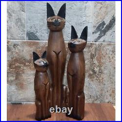 Vintage Tall Hand Carved Teak Wood Siamese Cat Sculpture Set of 3