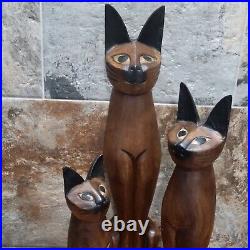 Vintage Tall Hand Carved Teak Wood Siamese Cat Sculpture Set of 3