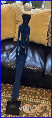 Vintage Tall Hand Carved Wood Folk Art Sculpture African Style Figure Blue 39