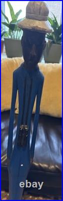 Vintage Tall Hand Carved Wood Folk Art Sculpture African Style Figure Blue 39