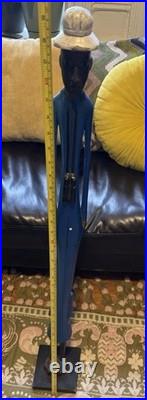Vintage Tall Hand Carved Wood Folk Art Sculpture African Style Figure Blue 39