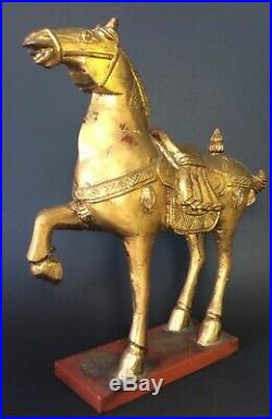 Vintage Tang Dynasty Style War Horse Gilded Wood Carving Chinese Gold Sculpture