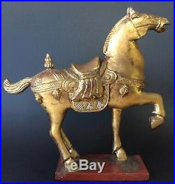 Vintage Tang Dynasty Style War Horse Gilded Wood Carving Chinese Gold Sculpture
