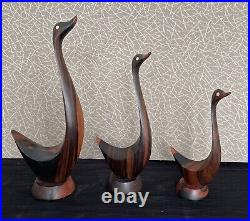 Vintage Teak Wood Geese Ducks Birds Set Of 3 Sculpture MCM Retro