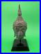 Vintage Thai Bronze Buddha Head Sculpture Flame Ushnisha Patina Wood Stand
