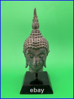 Vintage Thai Bronze Buddha Head Sculpture Flame Ushnisha Patina Wood Stand