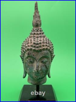 Vintage Thai Bronze Buddha Head Sculpture Flame Ushnisha Patina Wood Stand
