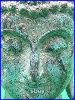 Vintage Thai Bronze Buddha Head Sculpture Flame Ushnisha Patina Wood Stand