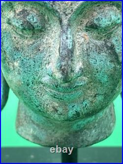 Vintage Thai Bronze Buddha Head Sculpture Flame Ushnisha Patina Wood Stand