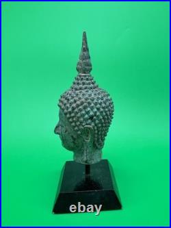 Vintage Thai Bronze Buddha Head Sculpture Flame Ushnisha Patina Wood Stand