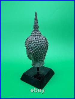 Vintage Thai Bronze Buddha Head Sculpture Flame Ushnisha Patina Wood Stand