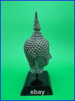 Vintage Thai Bronze Buddha Head Sculpture Flame Ushnisha Patina Wood Stand