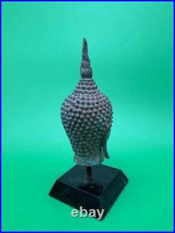 Vintage Thai Bronze Buddha Head Sculpture Flame Ushnisha Patina Wood Stand