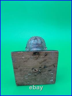 Vintage Thai Bronze Buddha Head Sculpture Flame Ushnisha Patina Wood Stand
