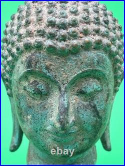 Vintage Thai Bronze Buddha Head Sculpture Flame Ushnisha Patina Wood Stand