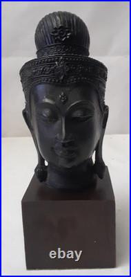 Vintage Thai Bronze Buddha Head Sculpture on Wood Stand 7