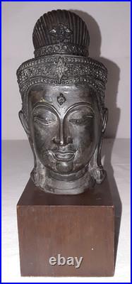 Vintage Thai Bronze Buddha Head Sculpture on Wood Stand 7