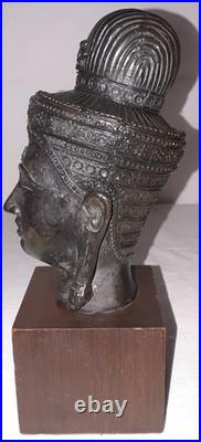 Vintage Thai Bronze Buddha Head Sculpture on Wood Stand 7