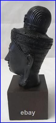 Vintage Thai Bronze Buddha Head Sculpture on Wood Stand 7