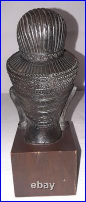 Vintage Thai Bronze Buddha Head Sculpture on Wood Stand 7
