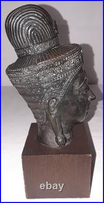 Vintage Thai Bronze Buddha Head Sculpture on Wood Stand 7
