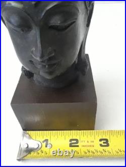Vintage Thai Bronze Buddha Head Sculpture on Wood Stand 7